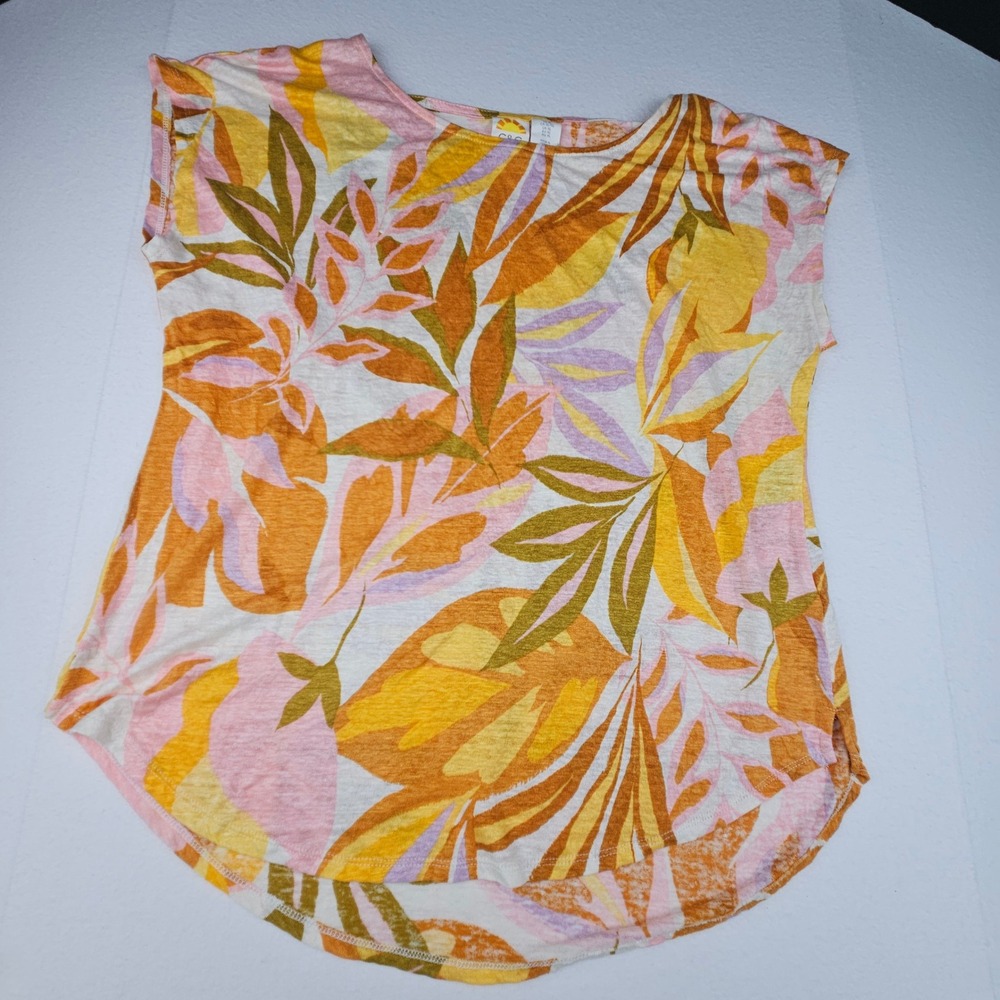 C&C California Womens XL 100% Linen Tropical Leaf Print Top Orange Yellow Boho